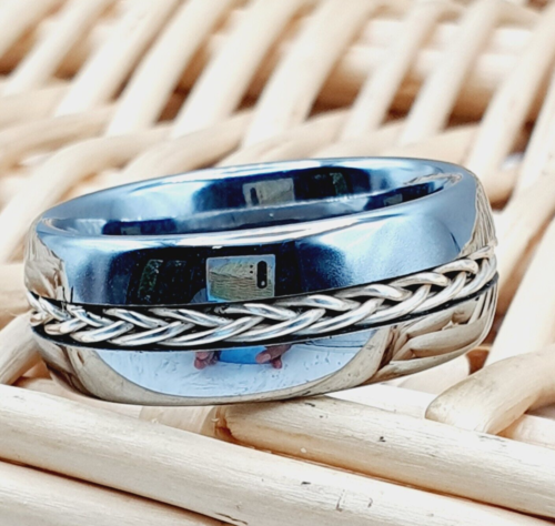 Rope Inlay Tungsten Ring 8mm Silver Tungsten Engagement Ring Men's Wedding Ring - Picture 4 of 7