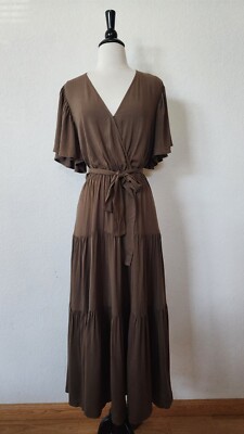 Anthropologie Midi Dress New Size Large Brown Bow Goddess Romantic Garden Boho