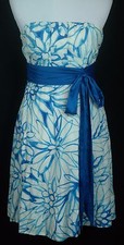 Women's Limited White/Blue Cotton/Silk Strapless Sash Cocktail Tea Dress - Sz 6