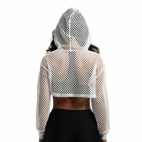 Womens Fishnet Crop Tops Short Hoodie Shirts Long Sleeve T-shirt Raves Clubwear - Picture 16 of 99
