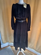 Michael Kors Black Tiered Chain Cocktail Evening Dress with Scarf & Belt Size S
