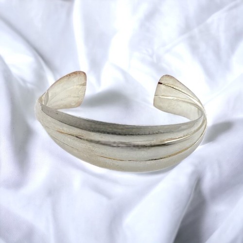 Vintage Bracelet Unisex Cuff Silver Plated Modernist Abstract Wavy 3 Layers - Picture 4 of 17