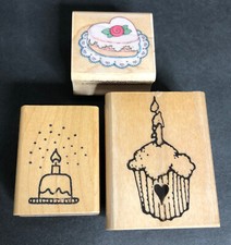 3 Happy Birthday Cake Rubber Stamps Holiday Wood Mounted Hero Arts Azadi Earles