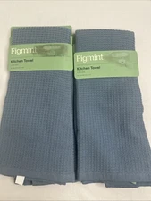 Waffle Kitchen Dish Towels (2 Pack), Blue/Grey 18" x 28" Figmint Tab To Hang NWT