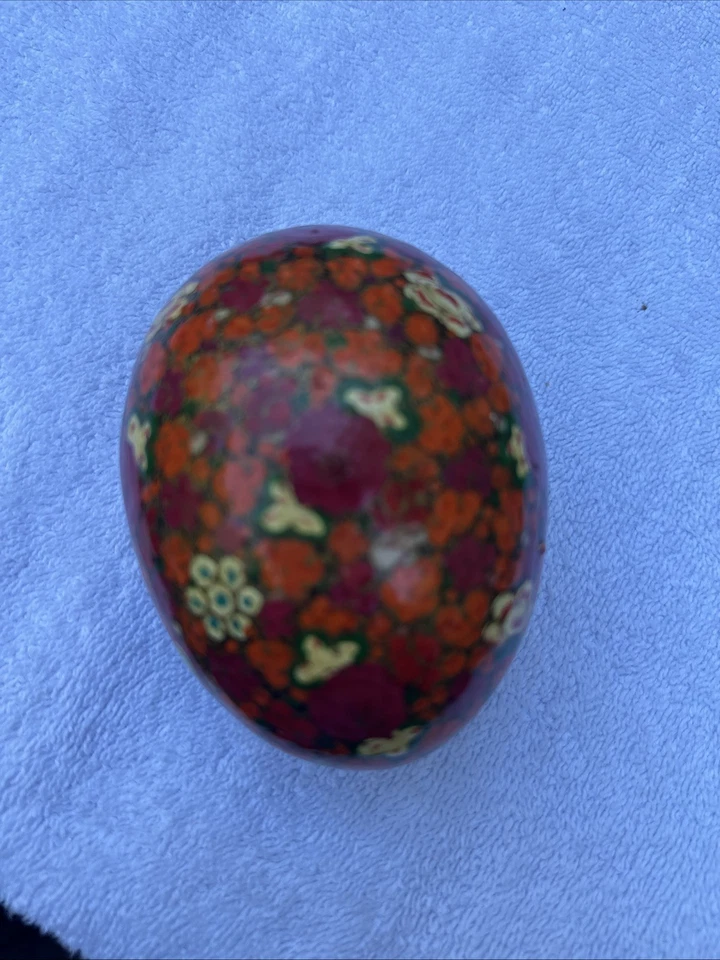 Floral Egg Kashmir India Boudoir Jewelry Ring Box Hand Painted Paper Mache Vtg - Image 2 of 4