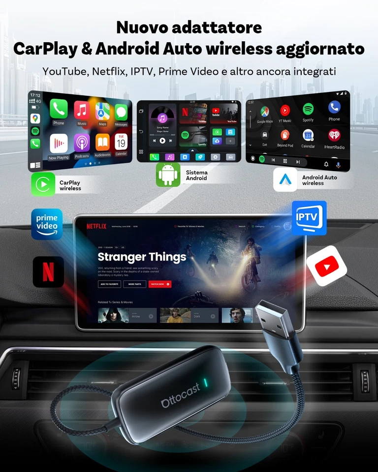 OTTOCAST Play2Video Ultra AI Box APP HUB YouTube Wireless CarPlay Android Auto - Immagine 2 di 4