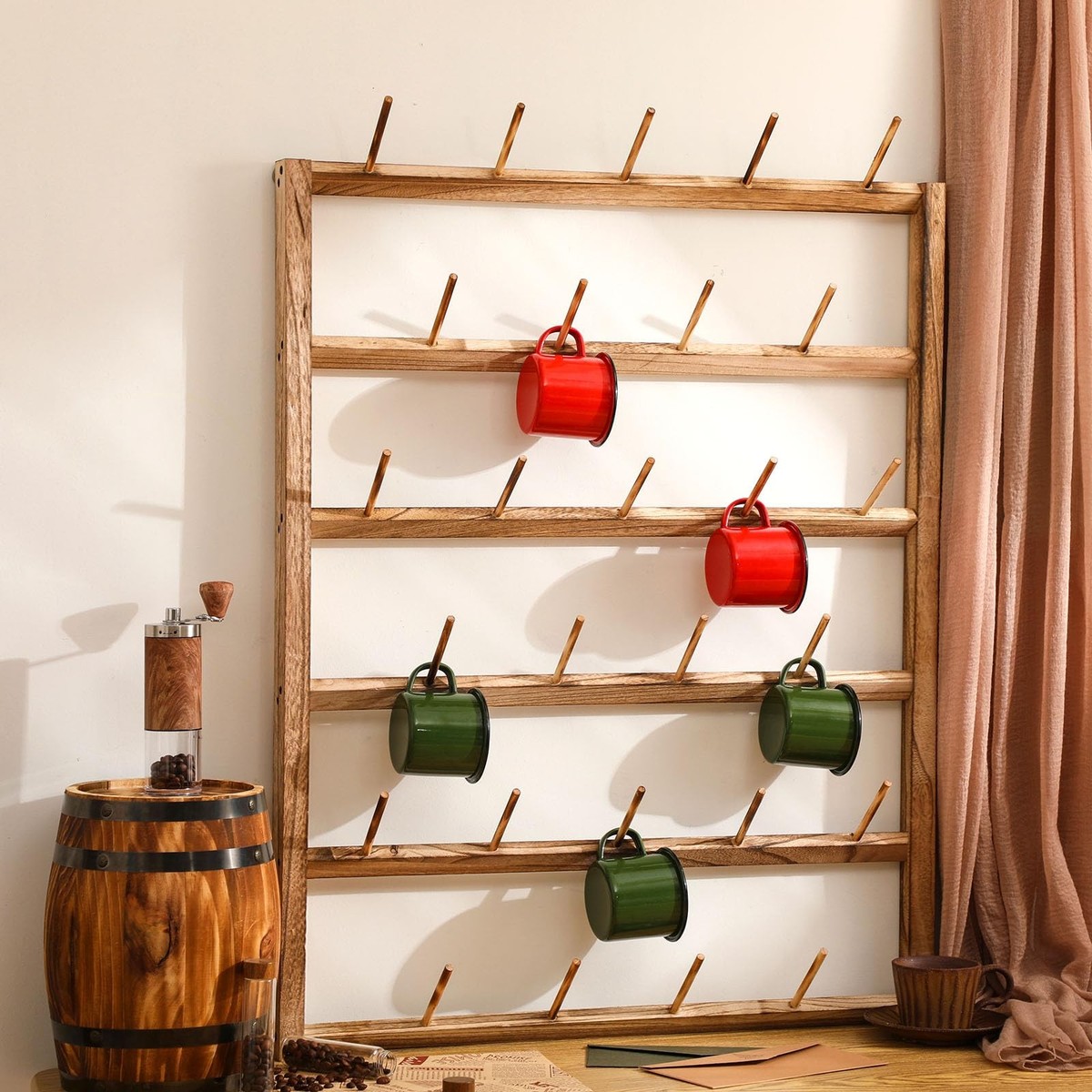 Wall Mounted Coffee Oversize Mug Rack Rustic Wood Mug Rack Wall - Main Image