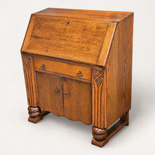Antique Art Deco Golden Oak Bureau Desk 1930s Drop Front Writing Cabinet