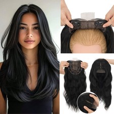 20in Long Women Topper Real As Human Hair Toupee Clip in Loose Wavy Hairpiece US