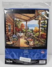 2016 Janlynn Counted Cross Stitch Kit "Log Cabin Covered Porch" 16" x 12" Sealed