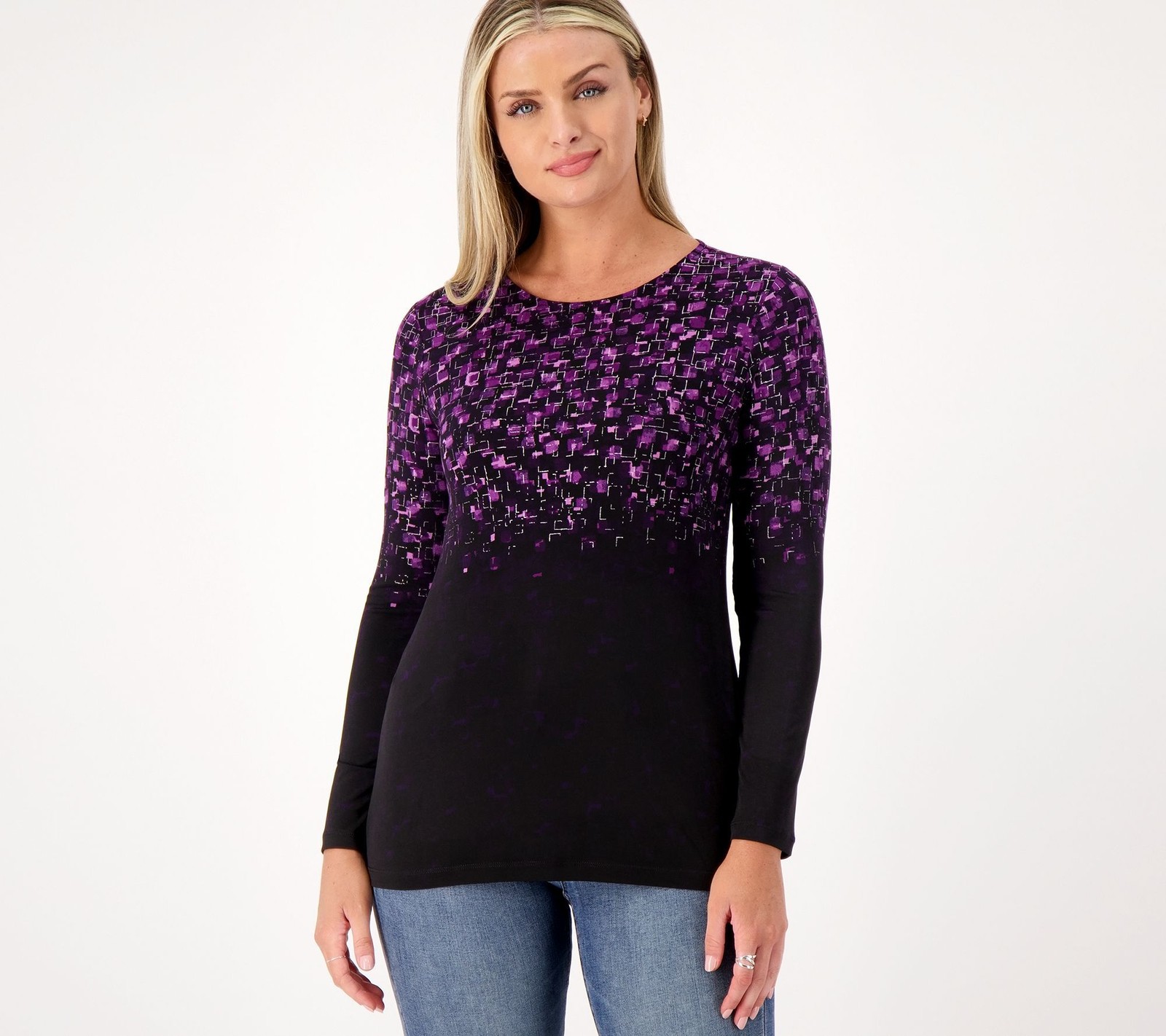 Susan Graver Women's Top Plus Sz 3X Foil Printed Liquid Knit Long Purple A557560