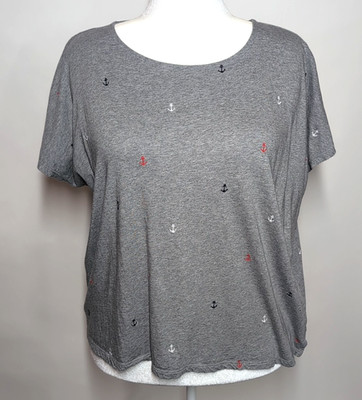J Jill Top 2X Gray Knit Anchors Nautical Soft Stretchy Casual Comfort T-Shirt