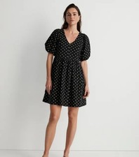 Madewell V-Neck Puff-Sleeve Mini Dress in Floral Ikat Size Small EUC Black