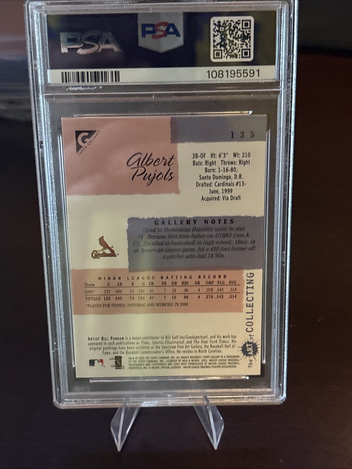 2001 Topps Gallery Albert Pujols Rookie Card #135 PSA 9 view 2