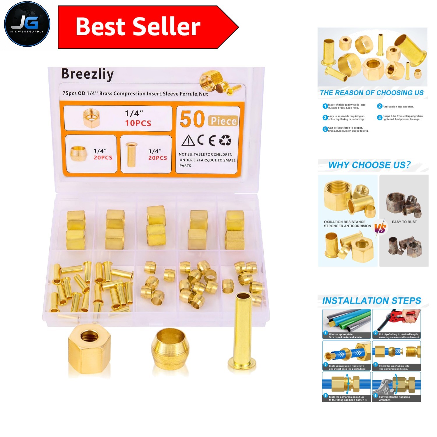 Brass Compression Insert & Sleeve Ferrule Assortment - 50PC Set for Liquid Lines