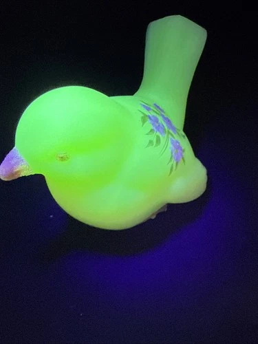 Vintage Fenton Satin Custard Uranium Glass Bird Hand Painted Signed Floral