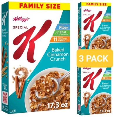 3 PACK Kellogg's Special K Baked Cinnamon Crunch Breakfast Cereal 17.3 oz Family