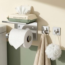 Modern Toilet Paper Holder with Phone Shelf  Hooks in Polished Chrome