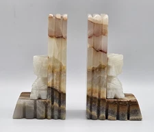 Vintage MCM Carved Onyx Stone Fluted Column & Aztec/Mayan Bookends Heavy 7lbs.