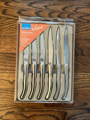 Amefa Virgule Mirror Steak Knife Set Stainless Steel Silver UK Design 6 Pc - NEW