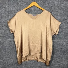 Satin Blouse Top Womens Small Tan Short Sleeve Quiet Luxury Euro Made in USA