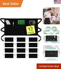 Multi-Purpose Black Server Aprons - 12 Count with 3 Pockets, Comfortable Fit