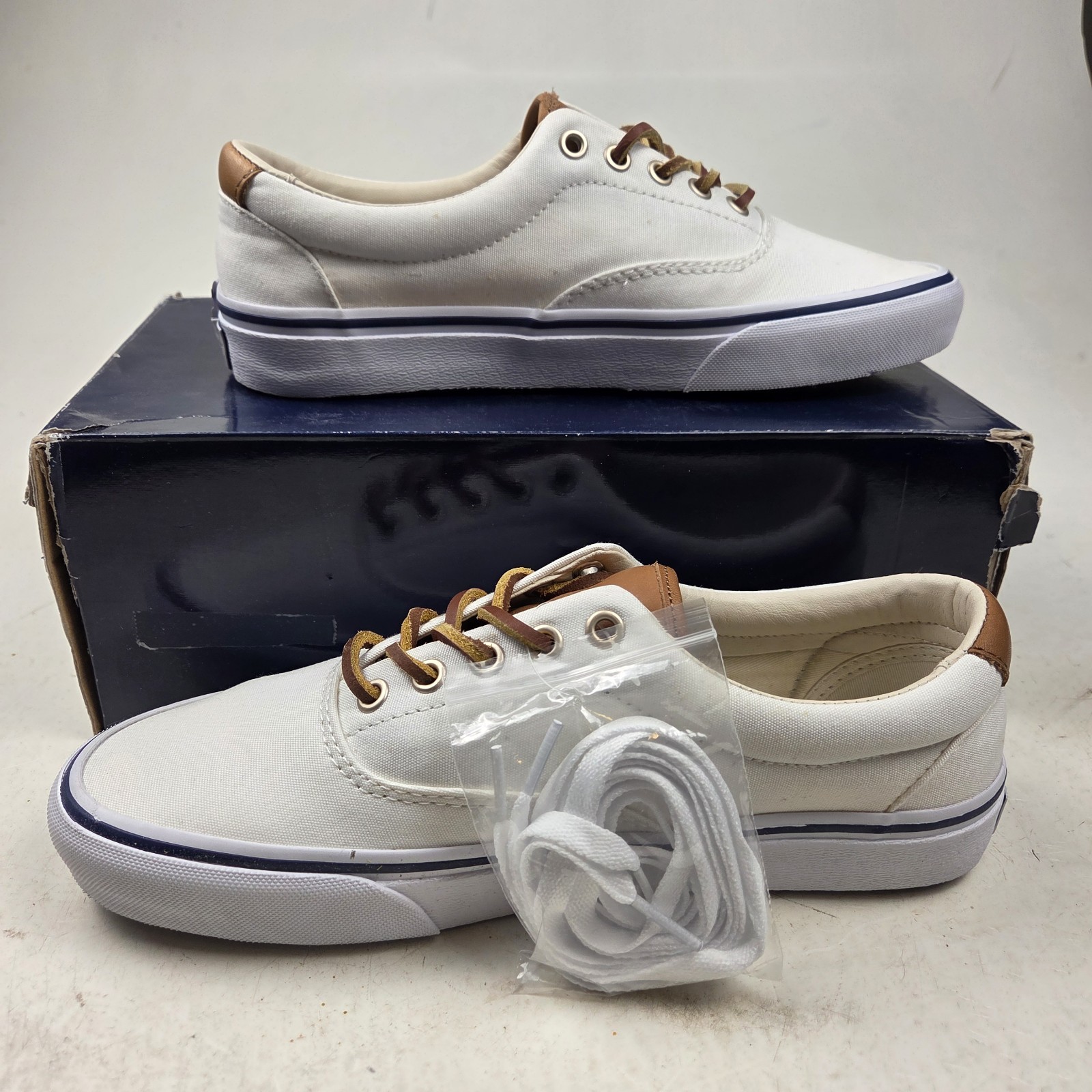 Polo Ralph Lauren Keaton Pony Sneakers in Tela Bianca Righe Blu Uomo Taglia 8 D