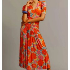 FARM Rio NEW Anthropologie Floral Ruched V Neck Maxi Dress size XS Orange