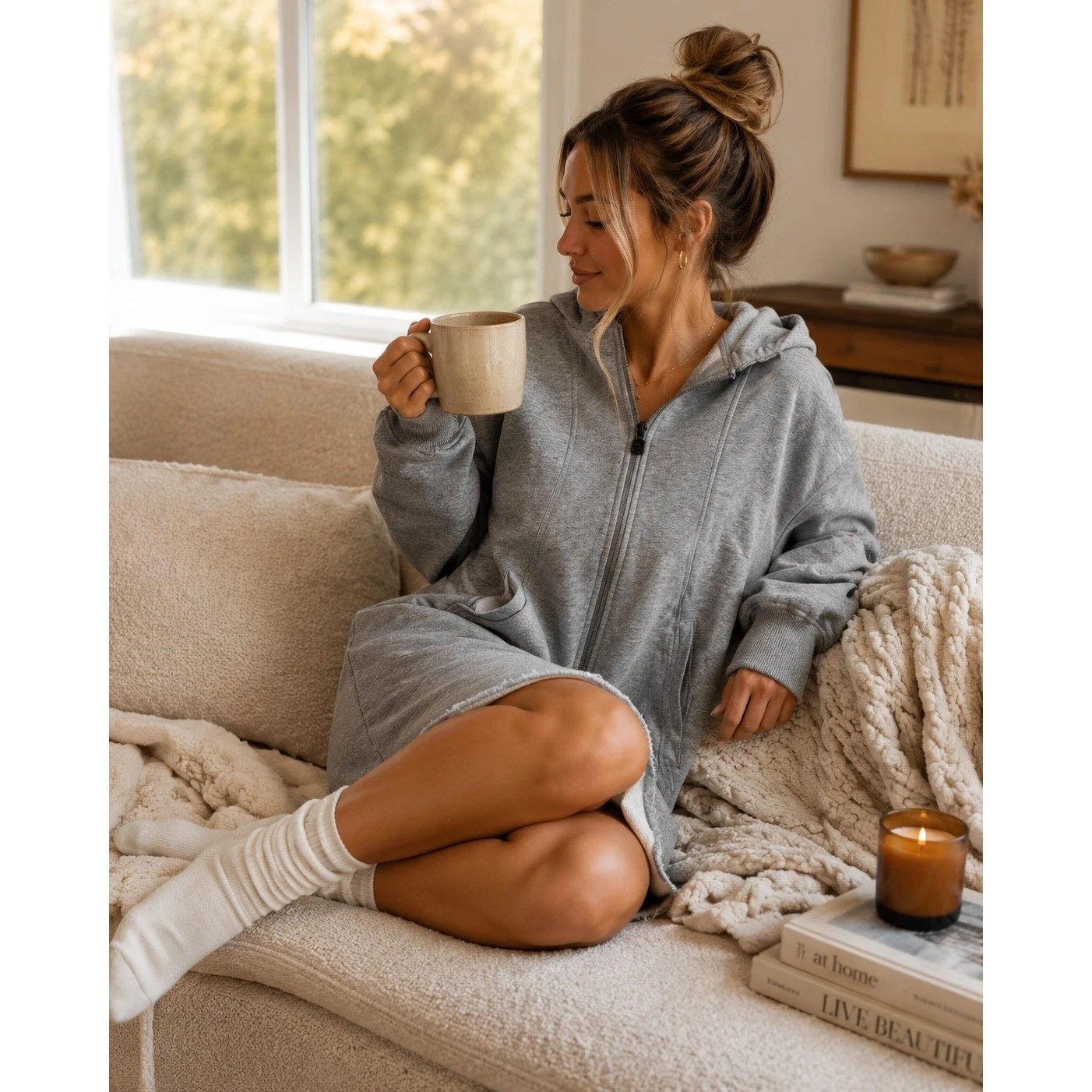 Gymshark Women Grey Marl Full Zip Oversize Hoodie Dress XS Loungewear Athleisure