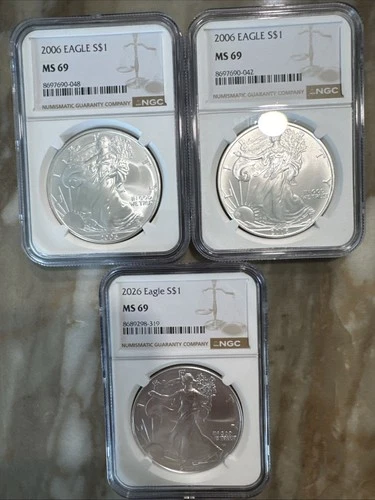 Lot Of 3 American Silver Eagles (2) 2006 & (1) 2026 MS69