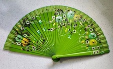 Vintage Spanish Folding Fan Wood Cloth Double Sided Hand Painted Floral 16"x 9"
