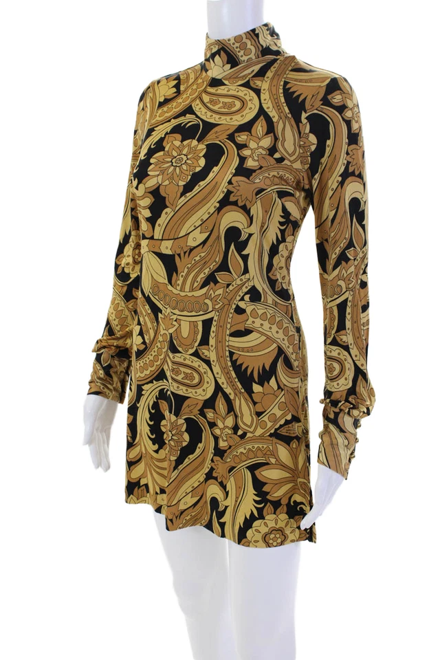 Mini vestido Nieves Lavi feminino seda floral zíper manga longa amarelo tamanho 2 - Imagem 2 de 4