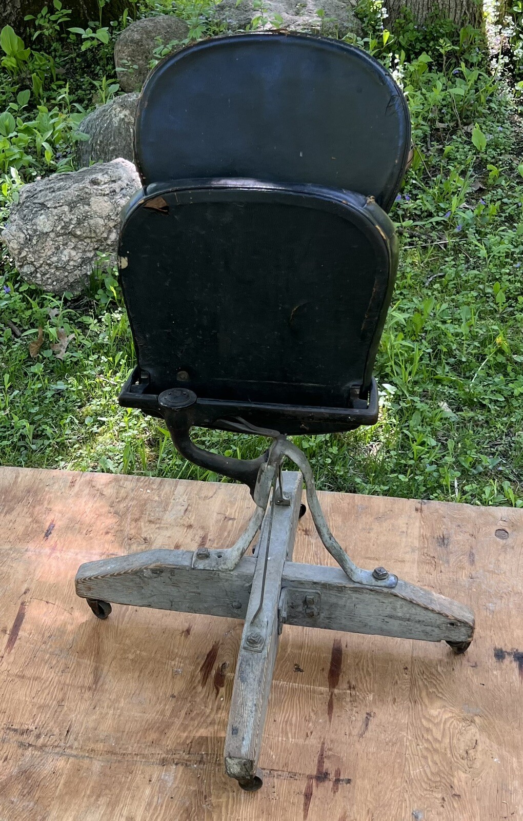 Antique Industrial Cast Iron Folding Chair On Wheels Folk Art Railroad Train Car