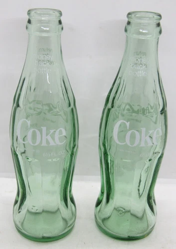 Vintage Green Coca Cola 6 1/2 fl oz Glass Bottles, Set of 2.