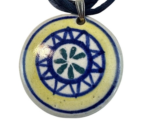Hand Made Pottery Pendant Round Necklace Flower Sun Design With Velvet Blue Cord - Picture 2 of 10