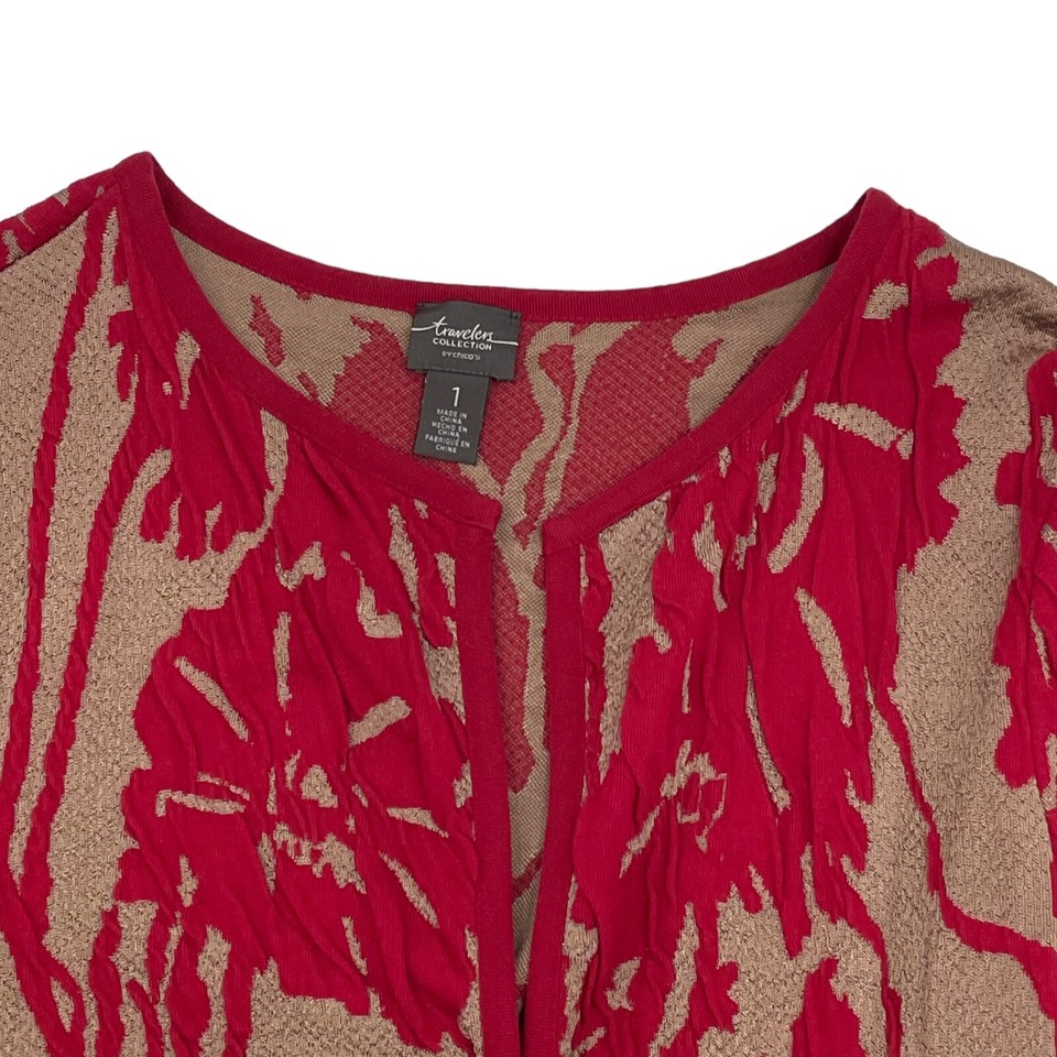 Chico's Travelers Exploded Jacket Open Cardigan Red Textured Floral ...