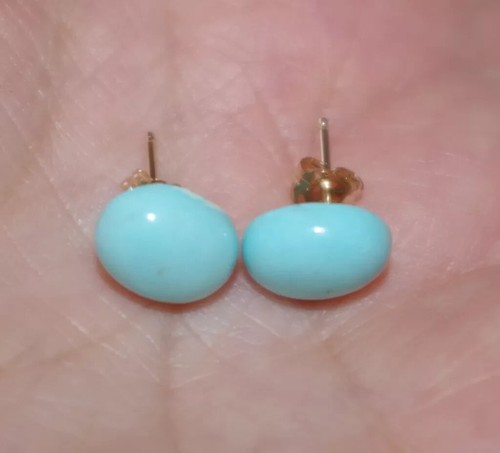 14K Sleeping Beauty Turkish Turquoise Quality 9x7 MM Oval Stud Earrings - Picture 1 of 16