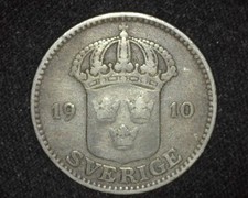 SWEDEN 1910 Large Cross 25 ORE SILVER .600 FINE KM785 VERY FINE ~Y33