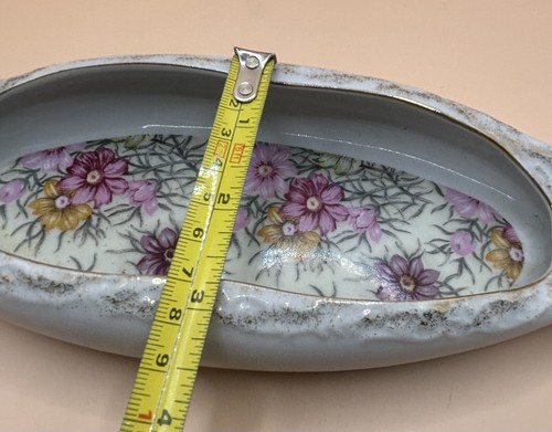 Piatto Vanity Ovale Vintage Porcellana Bianca Trasferimento Chintz Bordo Oro - Foto 11 di 11