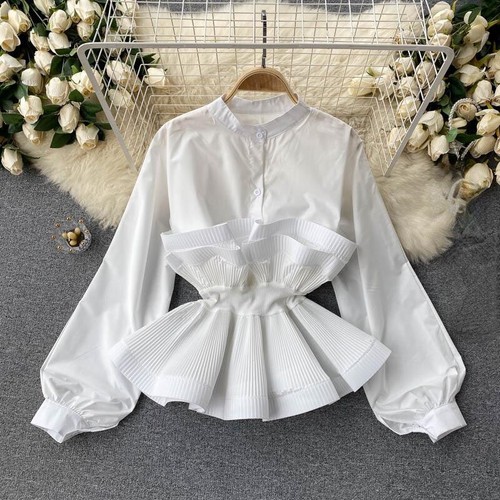Women Ruffle Pleated Shirt Blouse Top Puff Sleeve Elegant Casual Fashion New - Picture 3 of 18