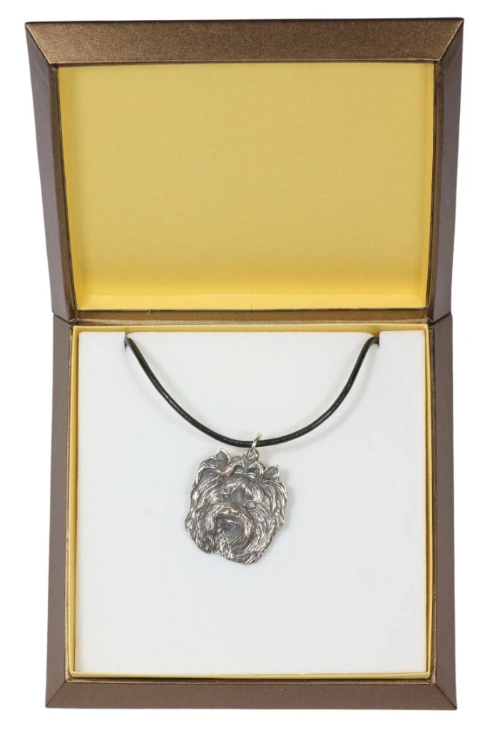 Yorkshire Terrier type 2   silver covered necklace with dog, in box, Art Dog USA