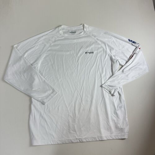 COLUMBIA PFG Men's Terminal Tackle USA Flag Sleeve Fishing Shirt Size 2XL White