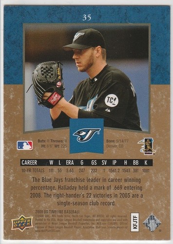 ROY HALLADAY Toronto Blue Jays UD TIMELINE GOLD INSERT Baseball Card PHILLIES - Picture 2 of 2