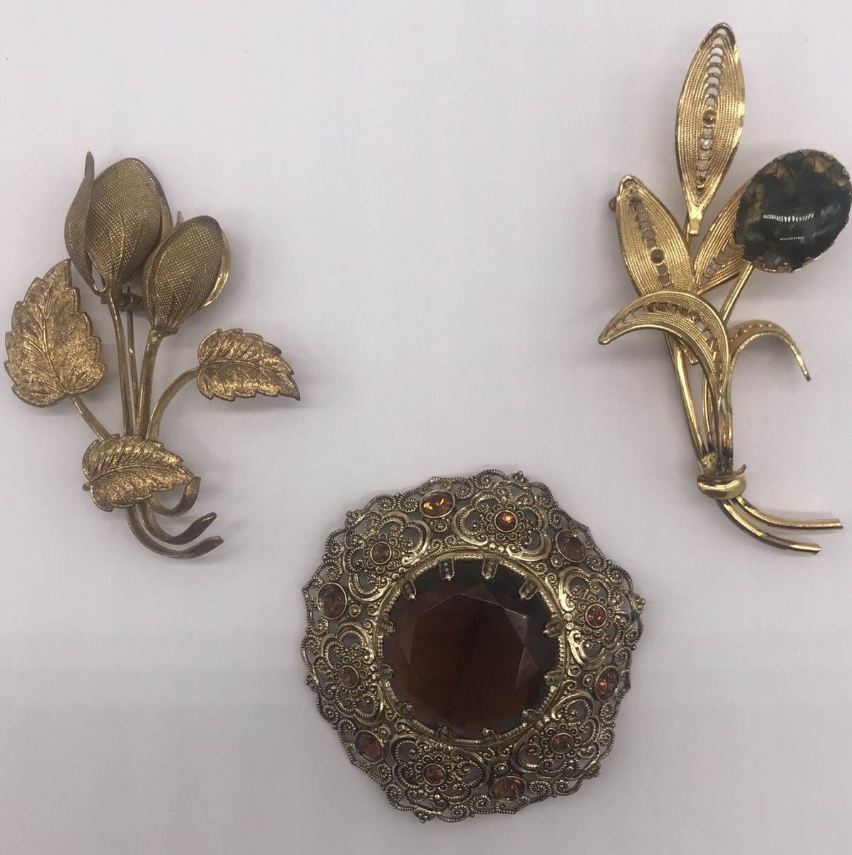3 VINTAGE W.GERMANY BROOCHES. FLORAL/RHINESTONES. ALL SIGNED
