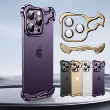 Metal Corner Pads Frameless Case + Lens Protector For iPhone 16 Pro Max 15 14 13