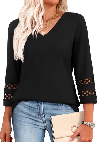 Blouses for Women Dressy Casual 3/4 Length Sleeve Womens Tops V Neck Tshirts ...