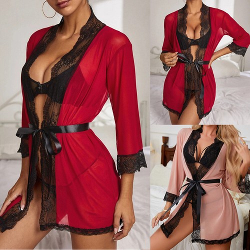 Women Lace Sleepwear Robe Nightdress Bathrobe Sexy Lingerie Mesh Soft Babydoll - Picture 14 of 19
