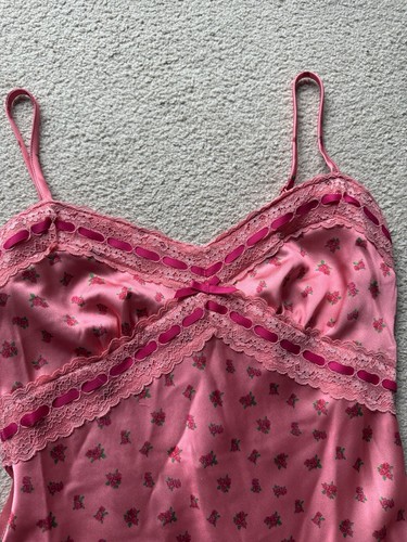 BETSEY Jonson Forever 21 Satin Slip Pink Floral Dress Lace Trim Bow Flounce Hem - Picture 6 of 19
