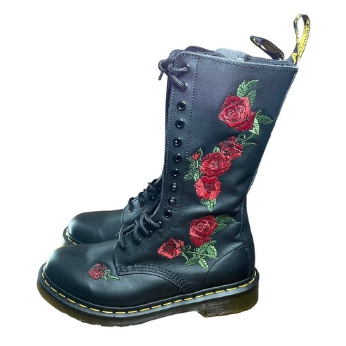 DR MARTENS 1914 Vonda Embroidered Rose 14Eye Black Leather Boots Women