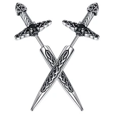 Men's Gothic Punk Sword Dagger Earrings Irish Celtic Knot Stainless Steel Studs